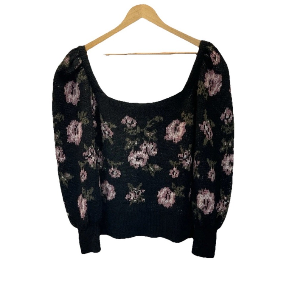 Anthropologie Black Floral Knit Puff Sleeve Sweater square neck Coquette size MD